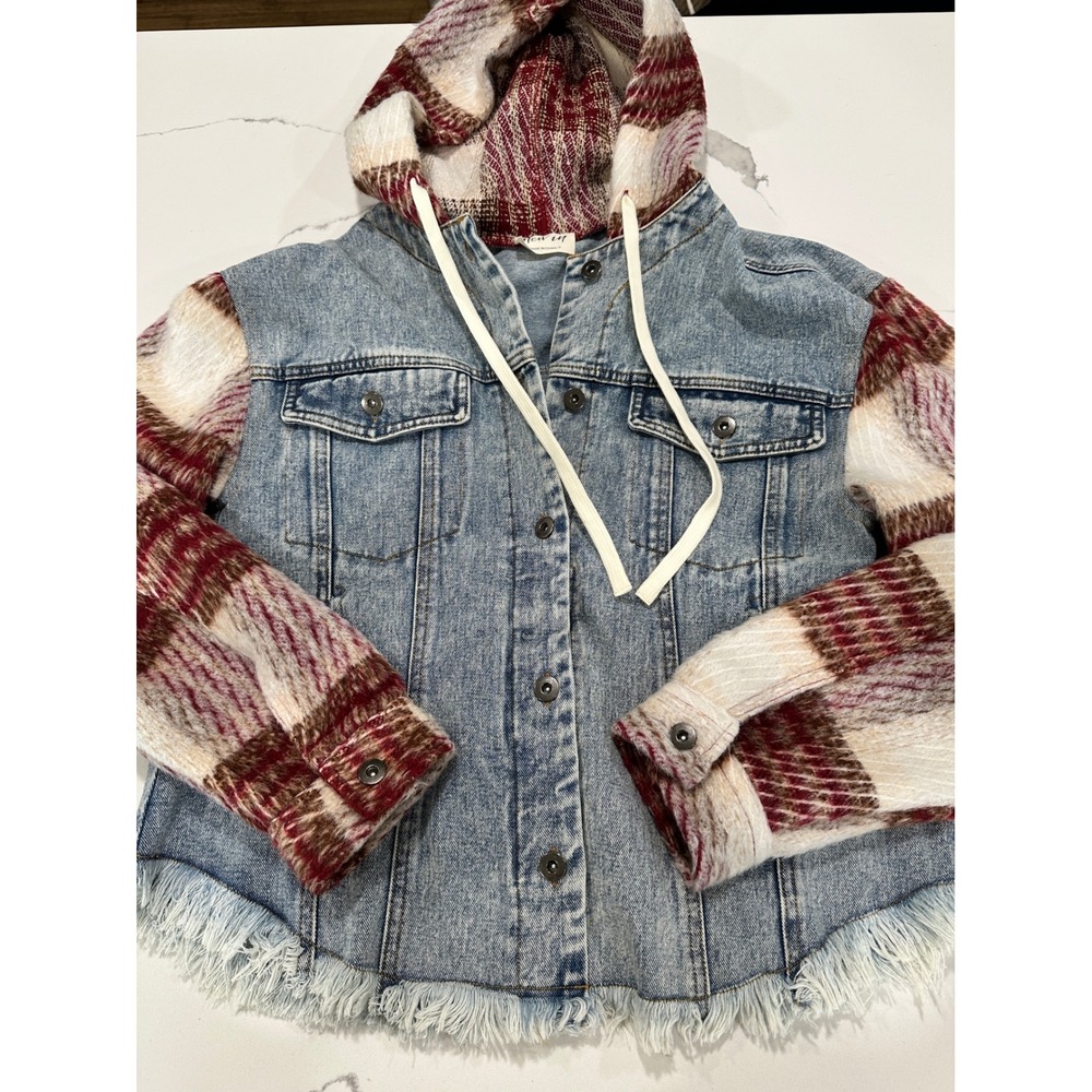 New In Denim Plaid Mixed Media Hooded Jacket Light Wash Frayed Hem S